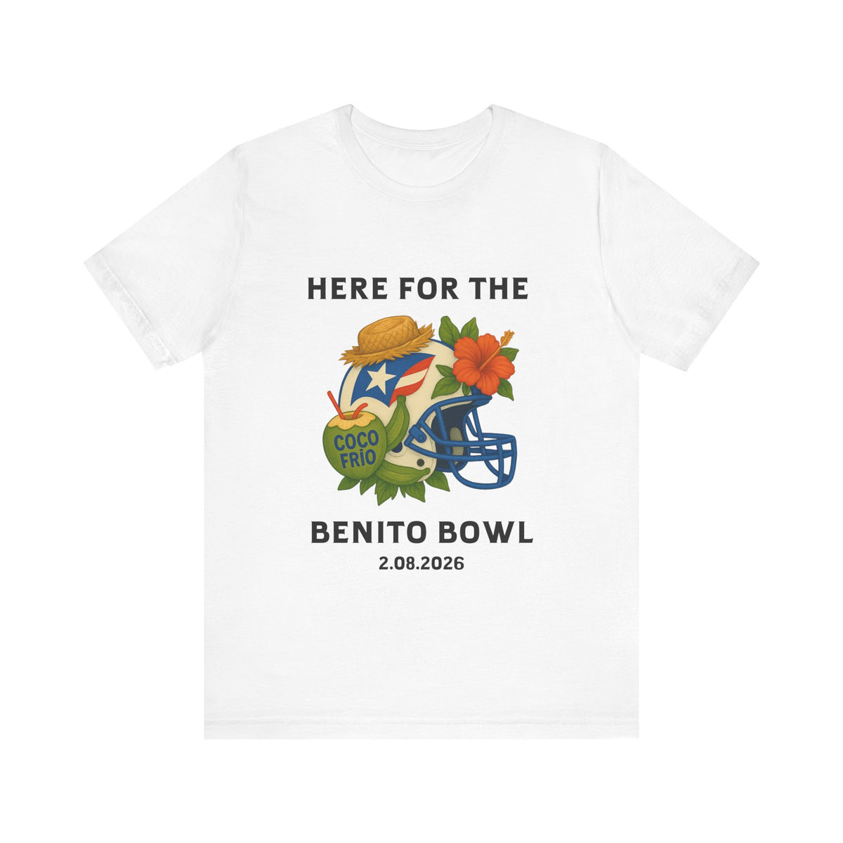 White t-shirt with 'Here for the Benito Bowl' text and a white Puerto Rico inspired football helmet on a white background