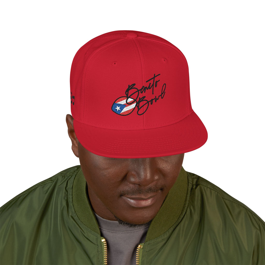 Fitted hat with Benito Bowl logo and Puerto Rican flag football worn by a person on white background