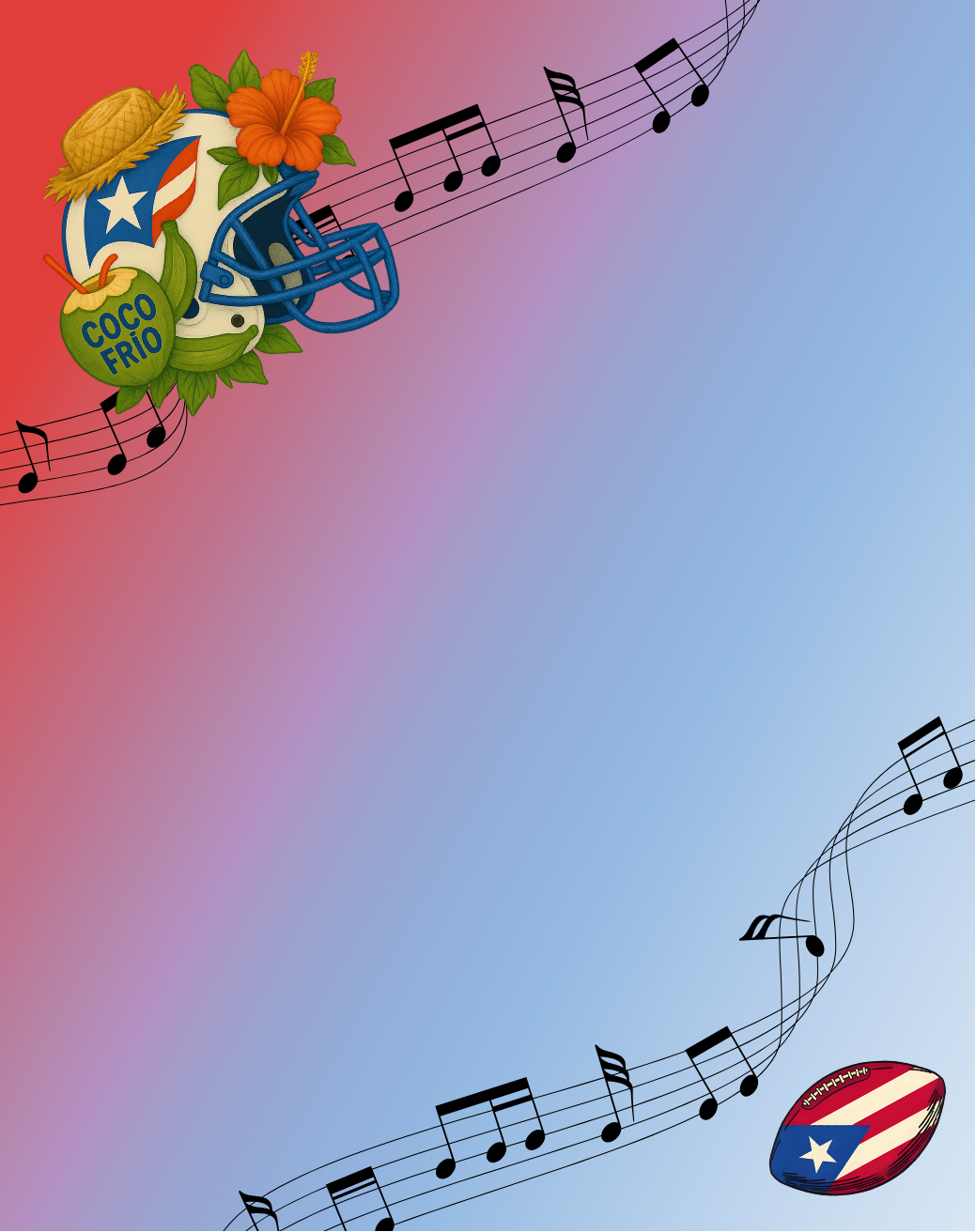 Colorful design with musical notes, a football helmet, and a football on a gradient background.