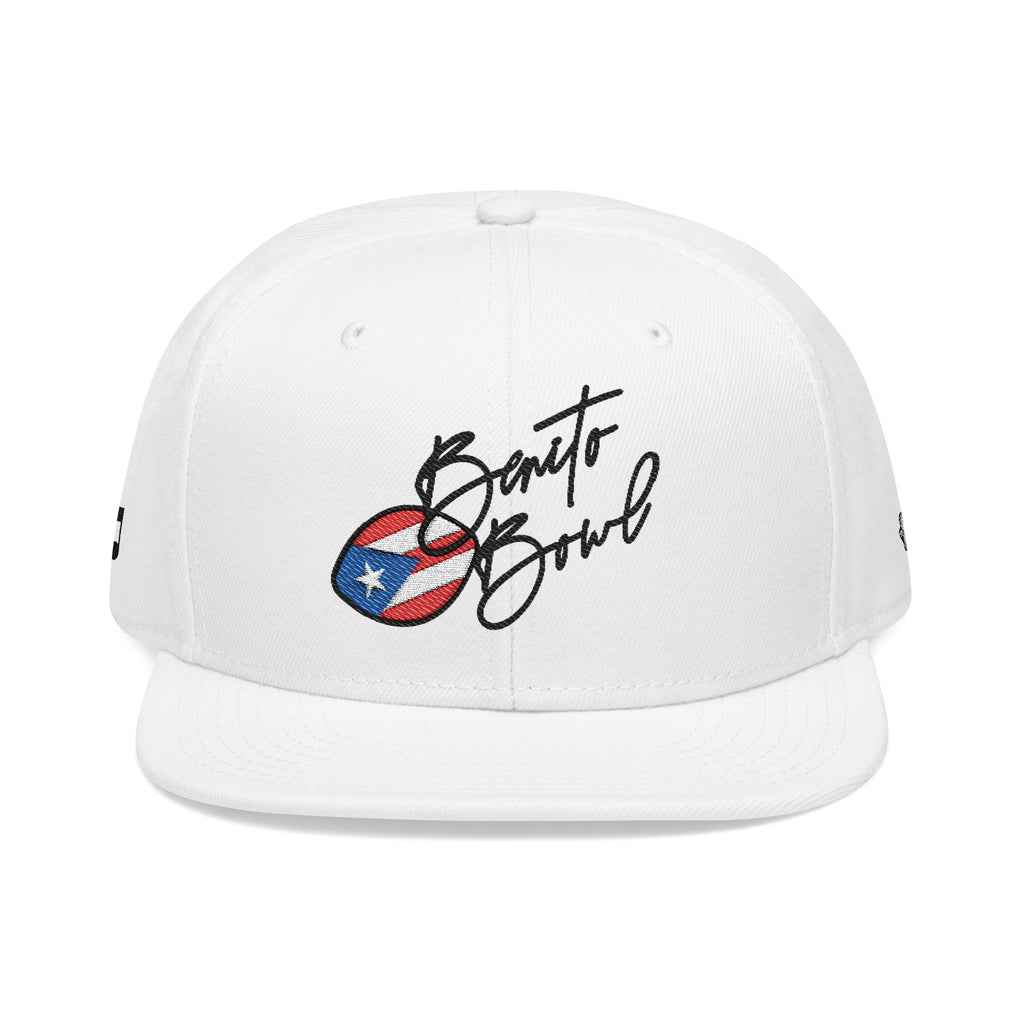White cap with 'Benito Bowl' text and Puerto Rican flag design on a white background